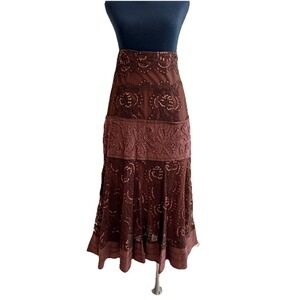 Basil & Maude Skirt Woman's Sz. 4 Midi A Line Cream Embroidered Gauze‎ Tulle Hem